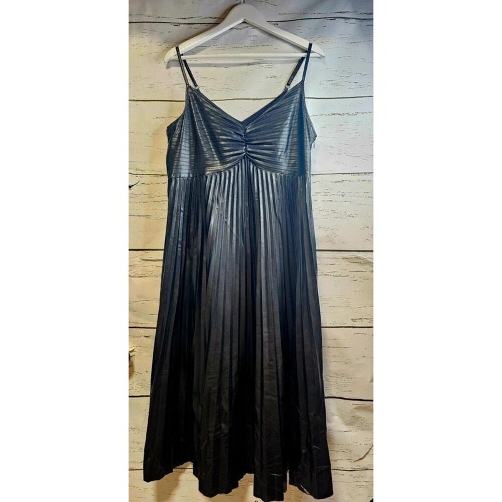 Black Faux Leather Pleated Midi Dress Ruched Bust Spaghetti Strap Size L